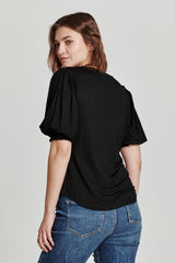 Marlowe Puff Sleeve Leather Contrast Top Black
