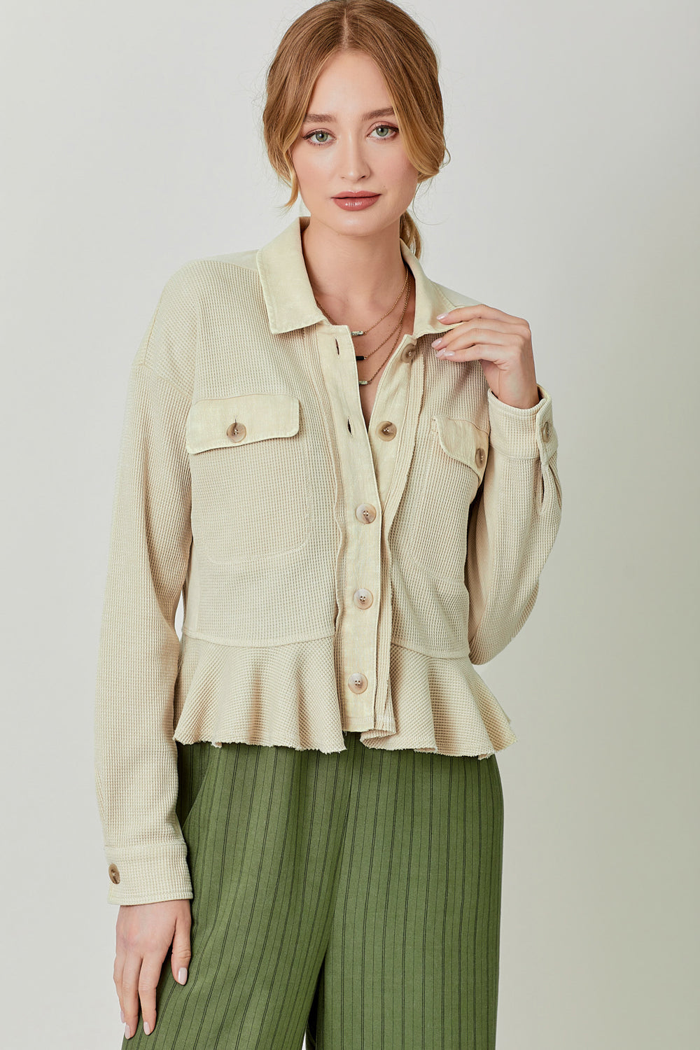 Washed Waffle Knit Ruffle Hem Cropped Jacket Almond