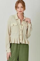 Washed Waffle Knit Ruffle Hem Cropped Jacket Almond
