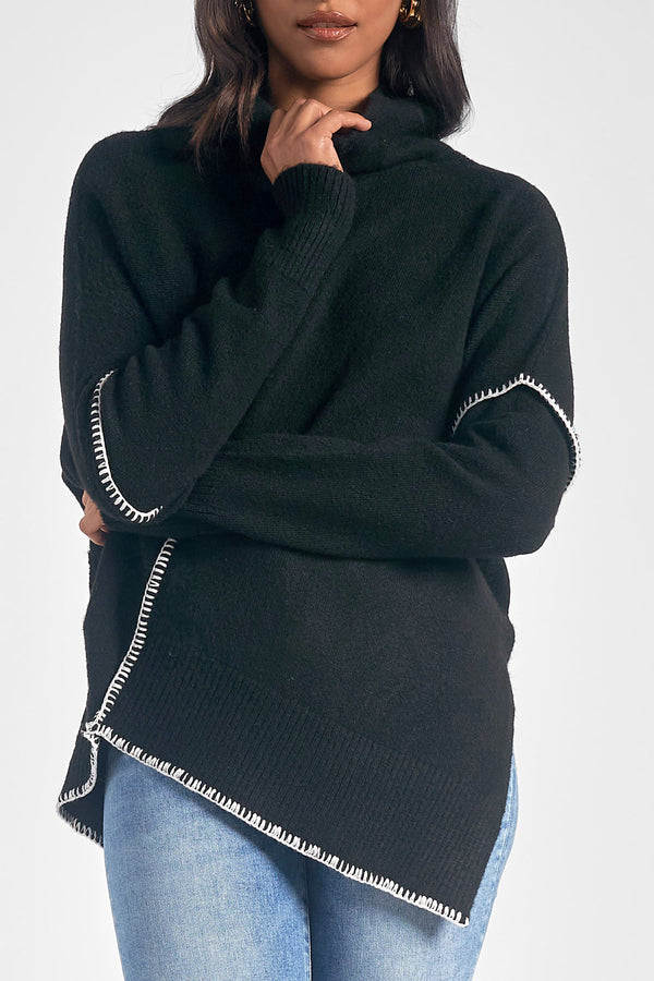Asymmetric Whip Stitch Turtleneck Sweater
