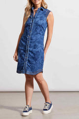 Printed Sleeveless Denim Ruched Dress  Ocean Blue