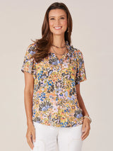 Flutter Sleeve Ruffle Edge Neck Floral Top Macademia + Pesto