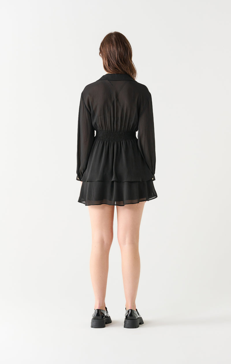 Smocked Waist Tiered Mini Dress Black