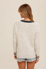 Speckled Yarn Stripe Sleeve Pullover Heather Grey + Teal