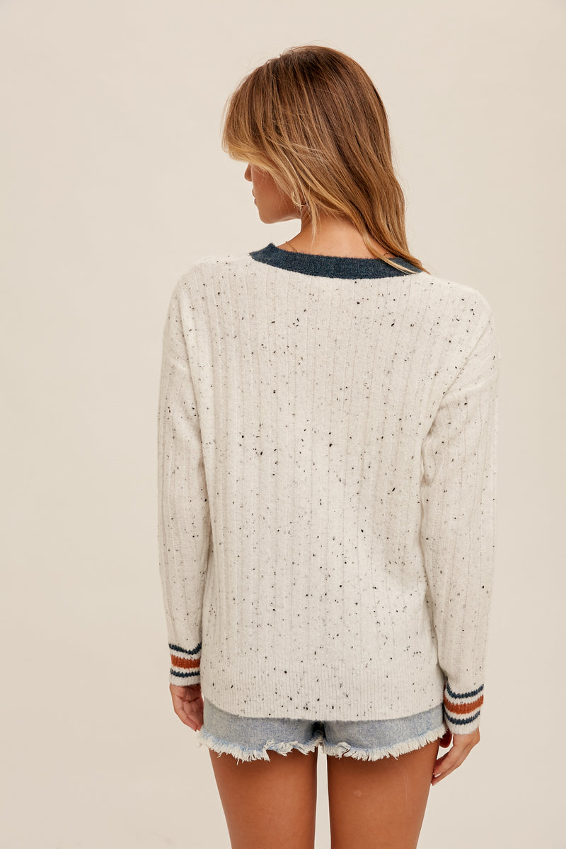 Speckled Yarn Stripe Sleeve Pullover