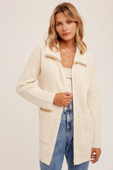 Zip Front Collared Textured Long Cardi Ecru