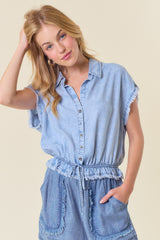 Drawstring Waist Fray Details Tencel Shirt Light Denim