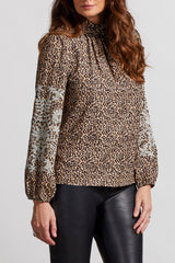 Print Ruffle Mock Neck Emb. Sleeve Blouse Cinnamon