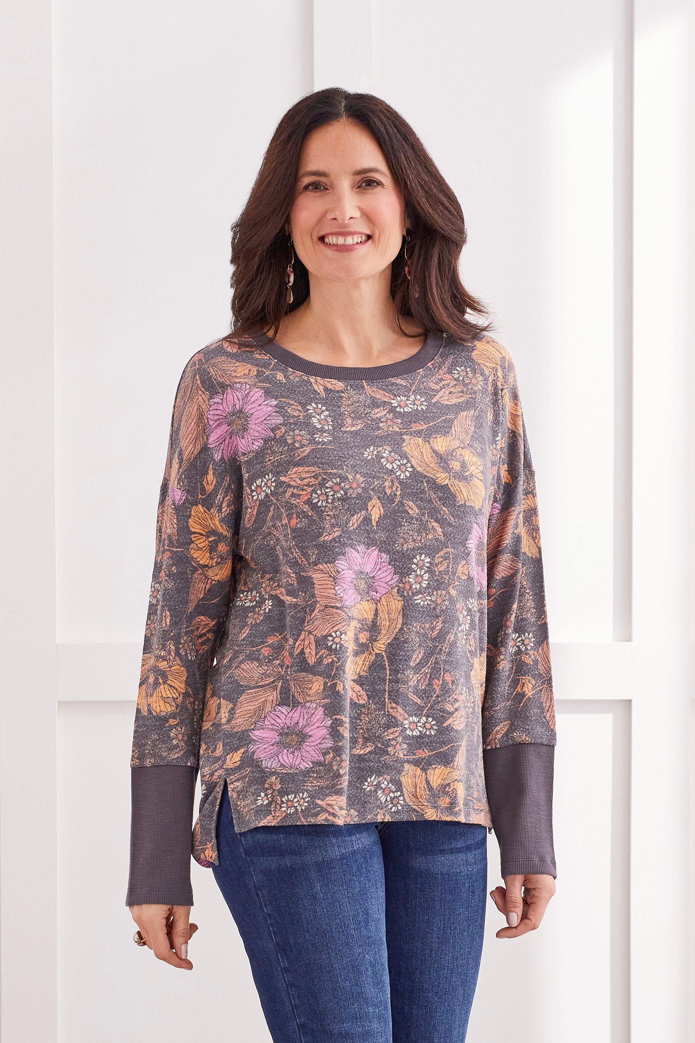 Floral Henley Cuff Long Sleeve Top Tuscan Sun