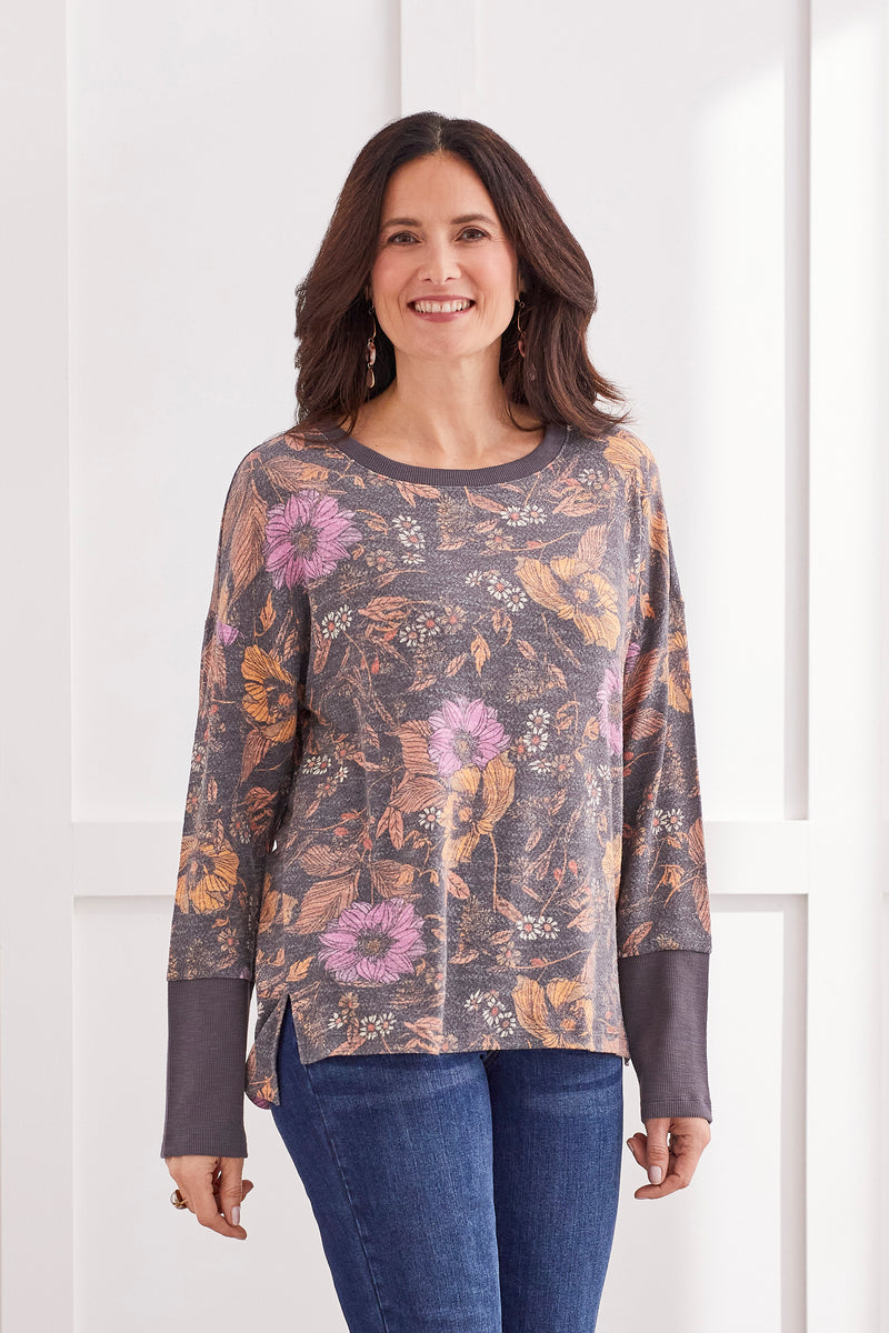 Floral Henley Cuff Long Sleeve Top