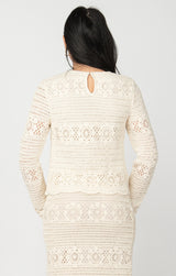 Scallop Hem Crochet Long Sleeve Top Oatmeal