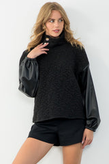 Textured Mock Button Neck Leather Sleeve Top Black
