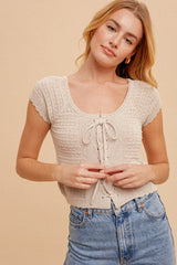 Lace Up Front Scallop Hem Sweater Top Light Grey