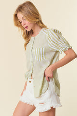 Mix Stripe Front Pocket Puff Sleeve Button Down Shirt Sage Green + White