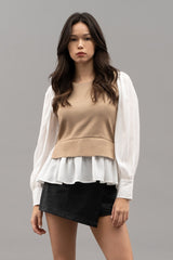 Layered Round Neck Sweater Vest Khaki