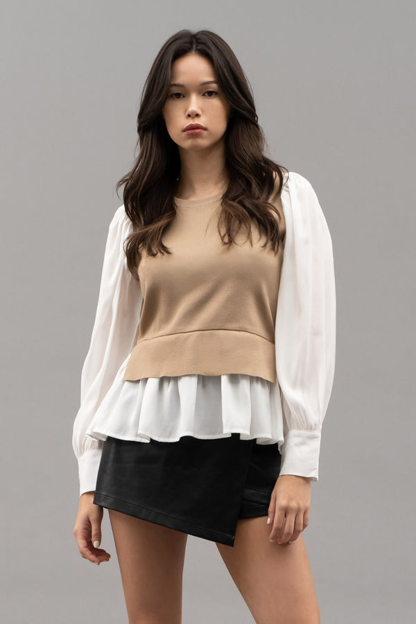 Layered Round Neck Sweater Vest Khaki