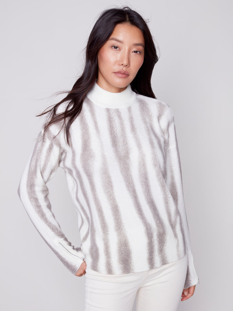 Printed Mock Neck Sweater Ecru