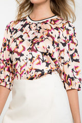 Mid Sleeve Swirled Floral Top Cream