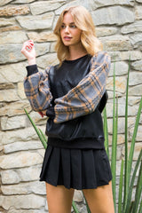 Plaid Sleeve Leather Panel Top Black