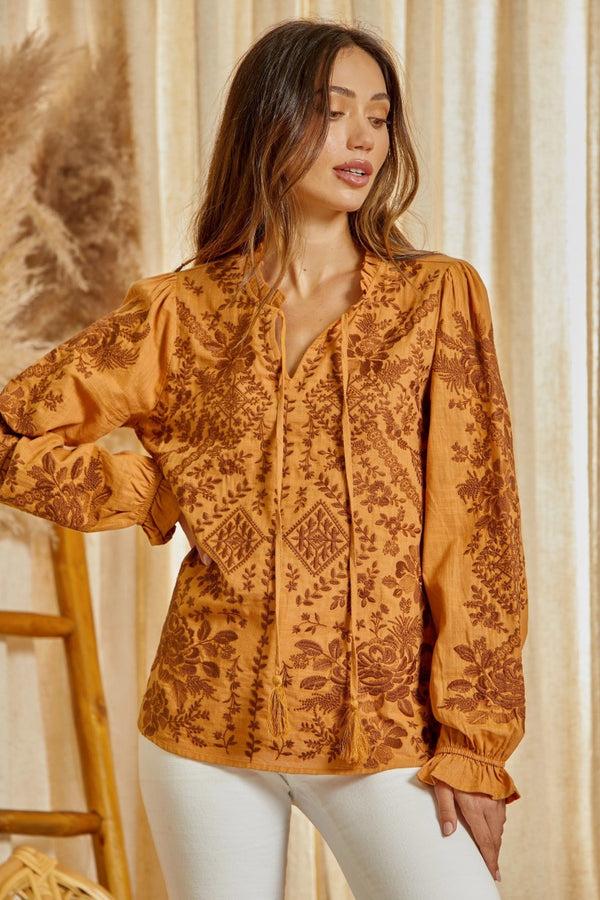 Ruffle Detail Tassel All Over Emb. Long Sleeve Top