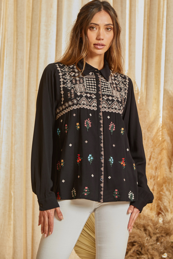 Mix Emb. Floral Collared Button Down Shirt