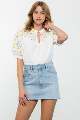 Crochet Floral Sleeve Tie Neck Top Cream