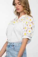Crochet Floral Sleeve Tie Neck Top Cream