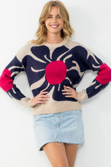 Wavy Floral Pattern Sweater Oatmeal
