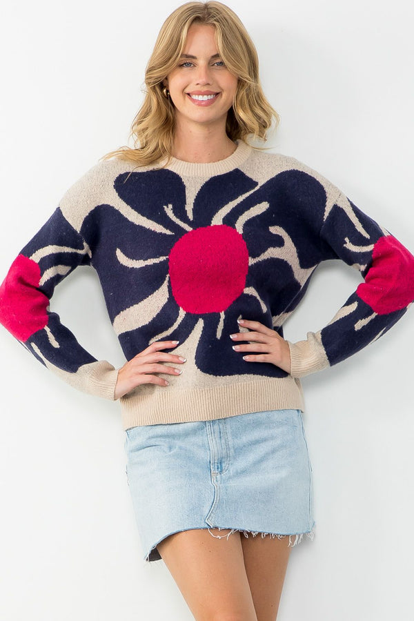 Wavy Floral Pattern Sweater Oatmeal