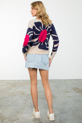 Wavy Floral Pattern Sweater Oatmeal