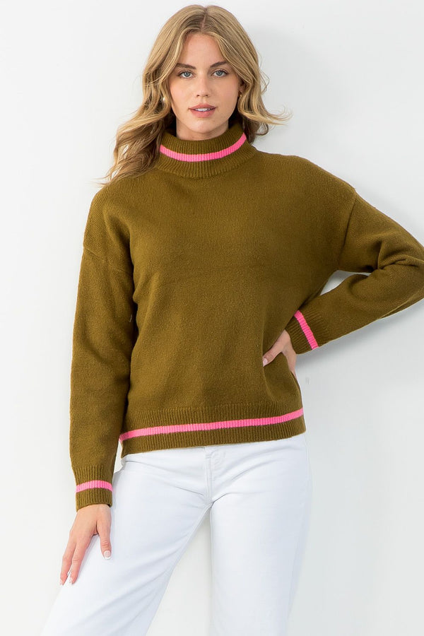 Stripe Detail Mock Neck Sweater Olive