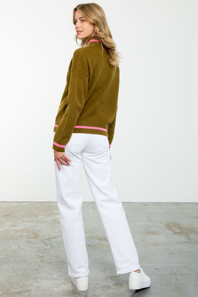 Stripe Detail Mock Neck Sweater Olive