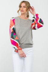 Mixed Media Geo Sleeve Knit Top Heather Grey