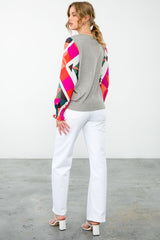 Mixed Media Geo Sleeve Knit Top Heather Grey