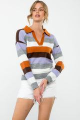 Collared Multi Color Stripe Sweater Top Lilac