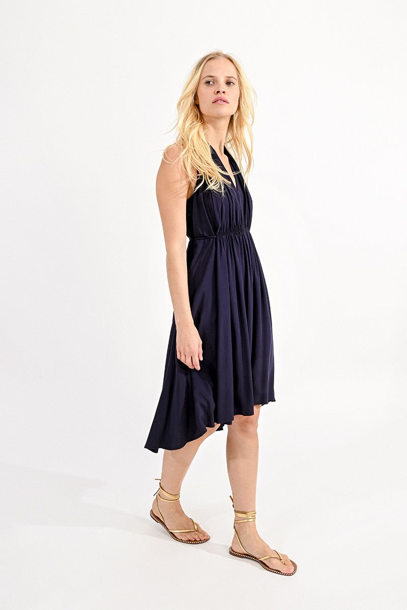 Pleated Halter Hi Low Dress Dark Navy