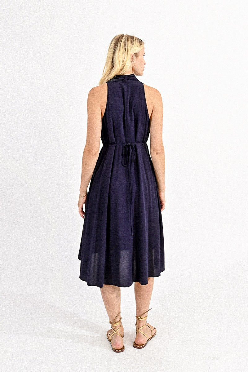 Pleated Halter Hi Low Dress Dark Navy