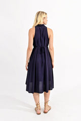 Pleated Halter Hi Low Dress Dark Navy
