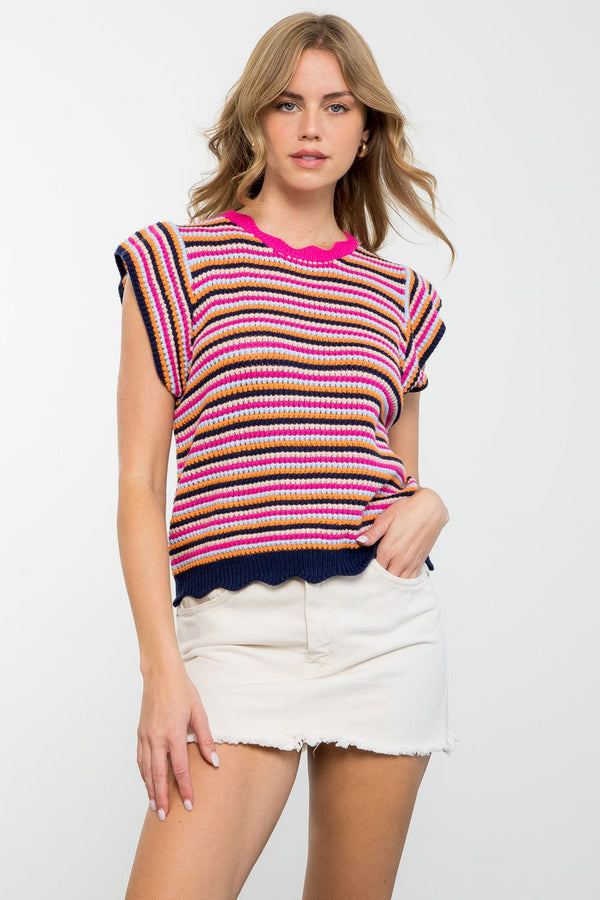 Multi Color Stripe Ruffle Sleeve Sweater Top Magenta