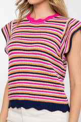 Multi Color Stripe Ruffle Sleeve Sweater Top Magenta